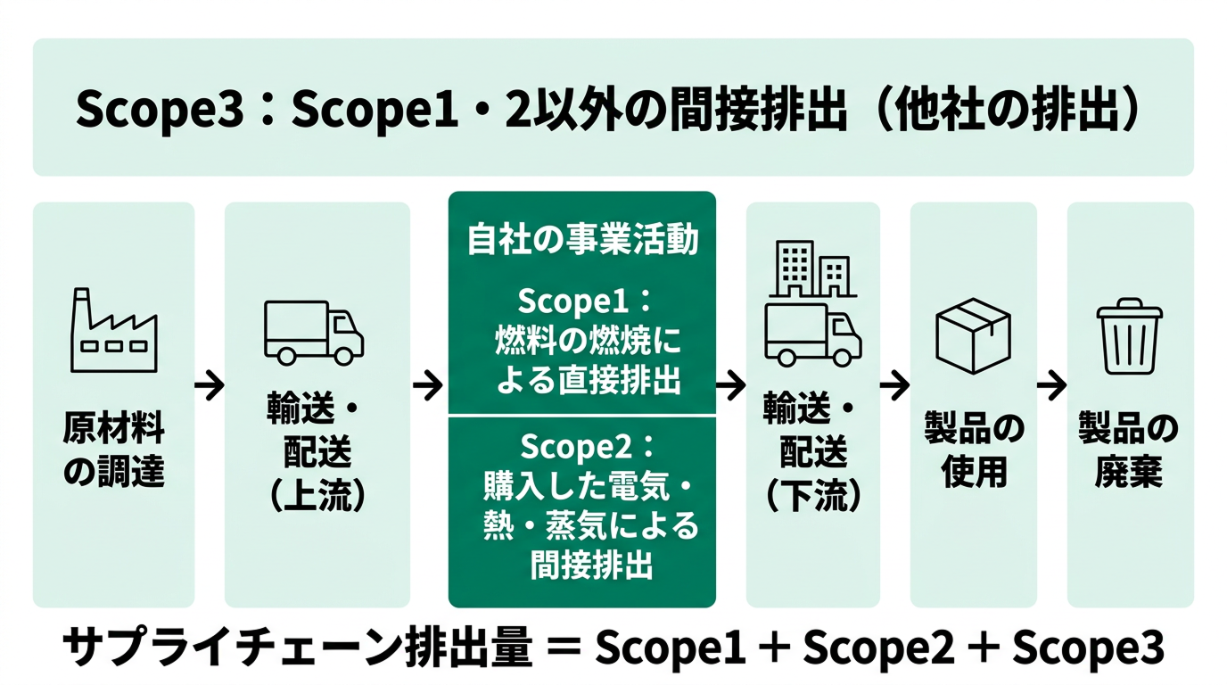 Scope1・Scope2・Scope3の違いをバリューチェーンの流れで示した区分図